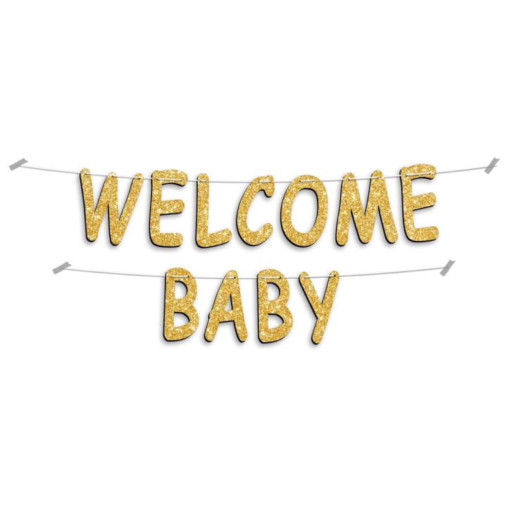 Welcome Baby Glitter Banner For Party Decoration, Cursive Writing Style Wall Hanging, Baby Shower, Born Baby Birthday Banner in Gold, Pink, Rose Gold Home Decor Bunting