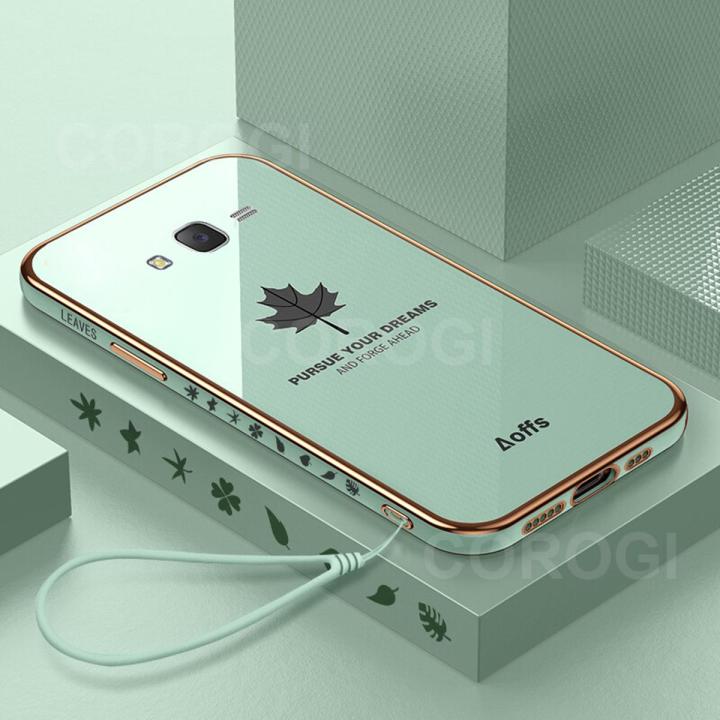 For Samsung Galaxy J7 Core Back Cover with Lanyard Fashion Shiny Plating Maple Leaf Design Camera Lens Protection Square Edge Soft Silicone Protective Phone Case