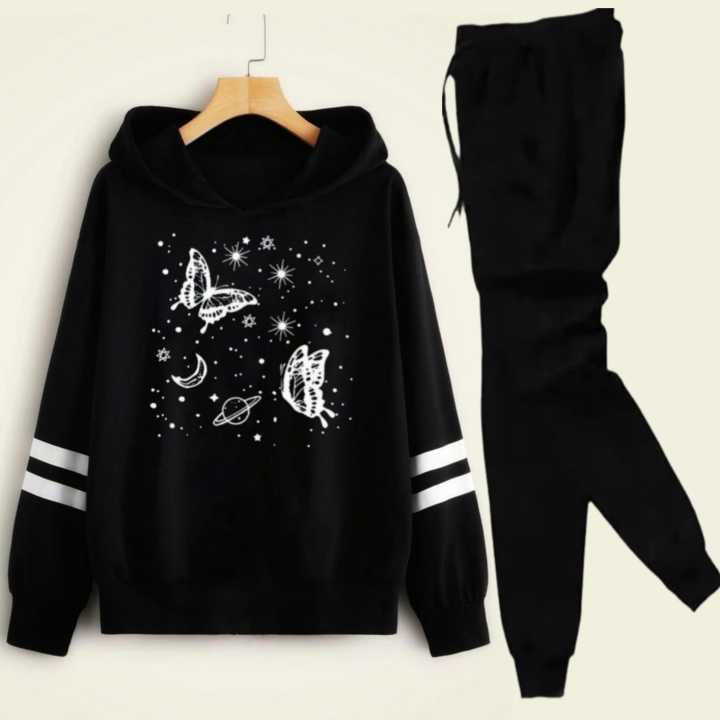 Double Stripe Black Trendy Winter Tracksuit For Girls Soft