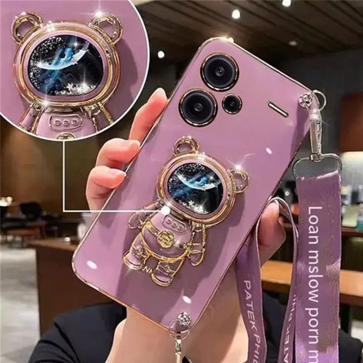 Phone Case For Xiaomi Redmi Note 13 Pro Plus 13C 13T 13 Lite POCO X6 Quicksand Astronaut Plating Stand Crossbody Necklace Cover