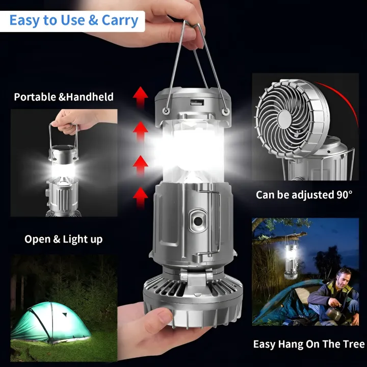 6 in 1 Solar Light Lantern Powered Light & Fan - Versatile Portable Collapsible Rechargeable Camping Lamp with Built-in Fan - Solar Outdoor Wall Lights - Home Decorative Lamp Lights - Perfect for Camping - Energy Saving Tent Lamp Flashlight