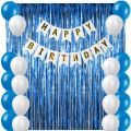 Blue Happy Birthday Theme for Birthday Party Decoration White Birthday card banner, Blue Foil curtains, Blue and White Balloons Best Happy Birthday Theme Kit for Boys or Girls.. 