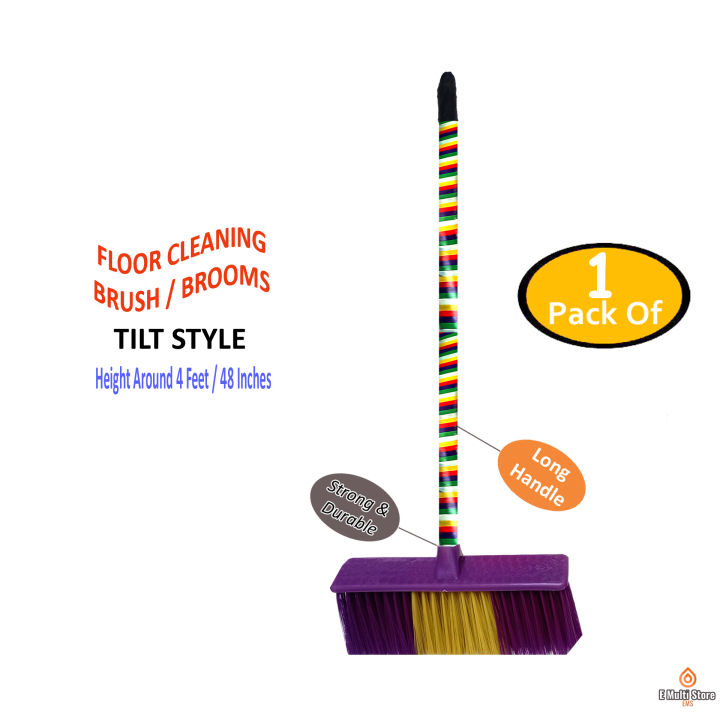 Long Handle Tilt Brush & Broom for Floor Cleaning, Washable Plastic Flower Broom for Floor & Carpet, Phool Jharu Supri پھول جھاڑو Multicolor Broom & Mop, Floor Sweeper Cleaning Tool for Indoor Outdoor