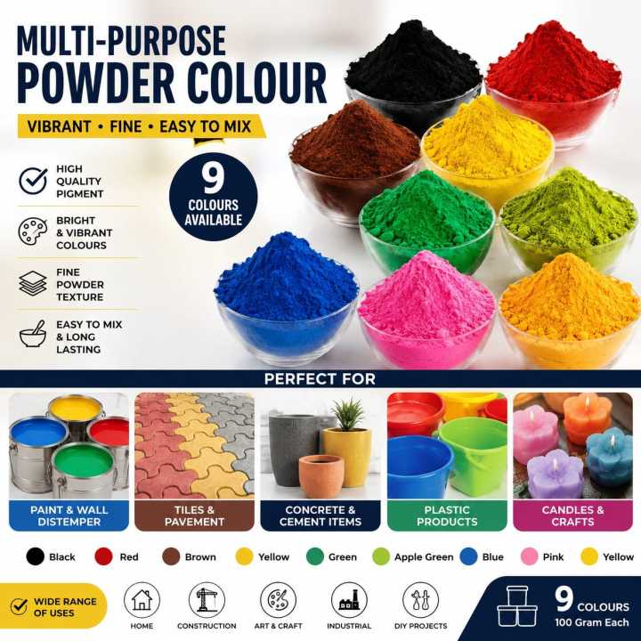 Multi Purpose Pigment Powder Colour 100 Gram | Cement, Wall Distemper, Paint, POP, Grout & DIY Crafts | Multiple Colors