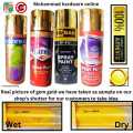 Spray paint (one bottle only) Gem Gold & normal or dark golden . Dolphin, Mubah, coorexe, feather , Artiza, lotus of Thailand, Win plus etc . for touchups on car, motor bikes , cycles, walls. Arts and crafts. wood, metal, glass, plastic, 400 ml, 300g. 