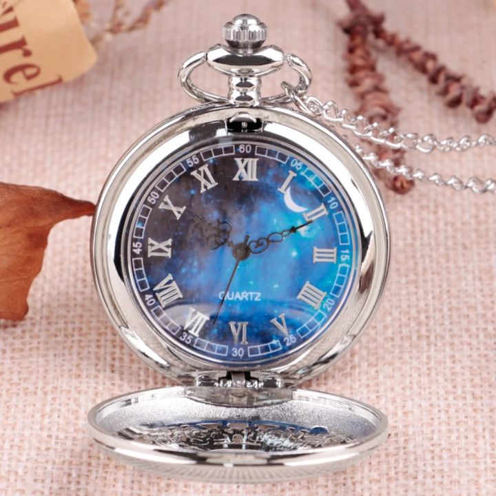 Amour zii Exquise Starry Blue Dial Pendant Silver Hollow Case Quartz Pocket Watch Roman Numerals Retro Watches Souvenir Gift for Men Women