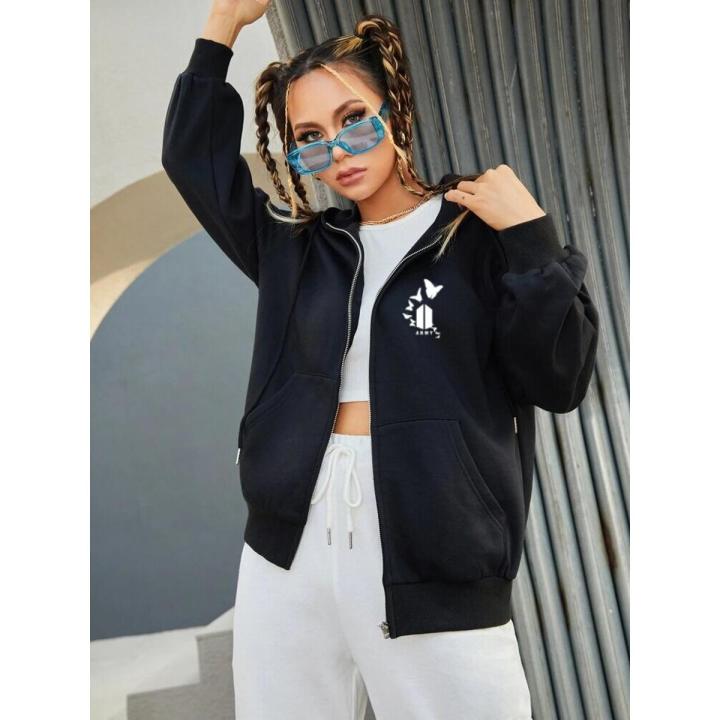 New Black BTS ARMY Logo Printed Hoodie Zipper For Girls and Women
