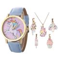 New Cute Children's Watch Fashion Cartoon Unicorn Dial Belt Quartz Watch + Necklace Free Match Suit. 