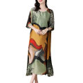 Casual Loose Vintage Floral Printed Long Dress Folk Women's Clothing Straight All-match Patchwork Summer Short Sleeve Dresses. 