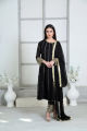 Noir Opulence: 3-Piece Hand-Embroidered Stitched Black Chiffon Suit with Gota, Cutdana, Moti, Dabka sleeves, Chiffon Dupatta Pallu, Silk Trousers - a symphony of exquisite craftsmanship and elegance. 