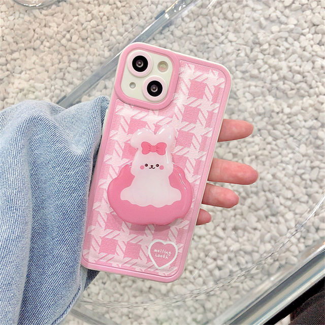 Korean Cute Cartoon Bear Pink Lattice Phone Case For iPhone 13 12 11 Pro XS Max X XR 7 8 Plus Holder Prorective Soft Back Cover