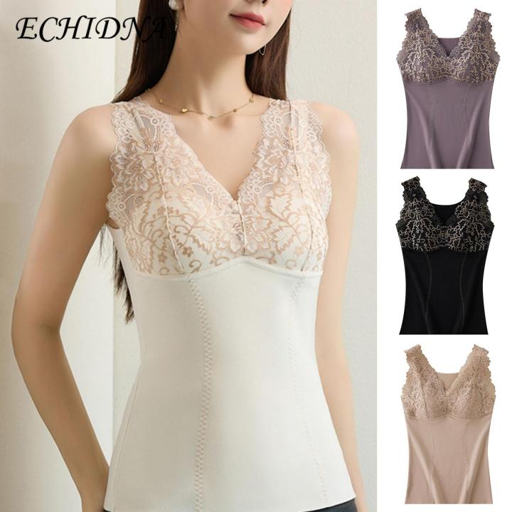ECHIDNA Thermal Tank Top Stylish Floral Embroidered V-neck Thermal Vest for Women Cozy Slimming Winter Underwear Top Anti-static Vest