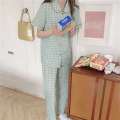 INTIMA Shorts/Long Pants Green Pamas for Women Korean Ins Style Sleepwear Lapel Casual Button Plaid Homewear Pama Set Ladies 2-pieces Loose and Comfortable. 