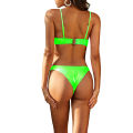Women's V-neck Leather Special Metal Buckle Bikini Set  Solid Color High Cut Split Two Piece Bathing Suit. 