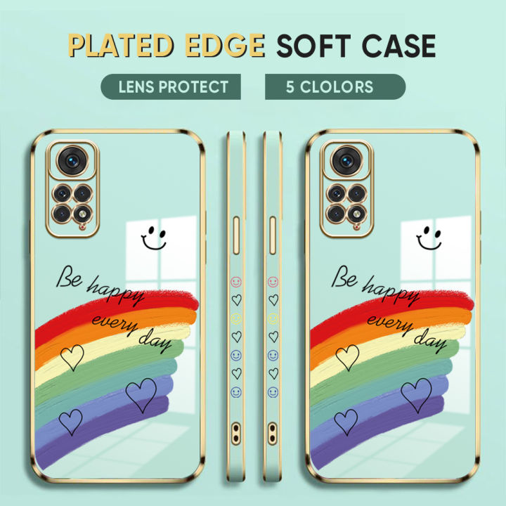 (Free Lanyard) Luxury 6D Plating Case for Redmi Note 11 / Note 11S Back Cover Cartoon Rainbow Side Pattern Soft Silicone Square Phone Cases