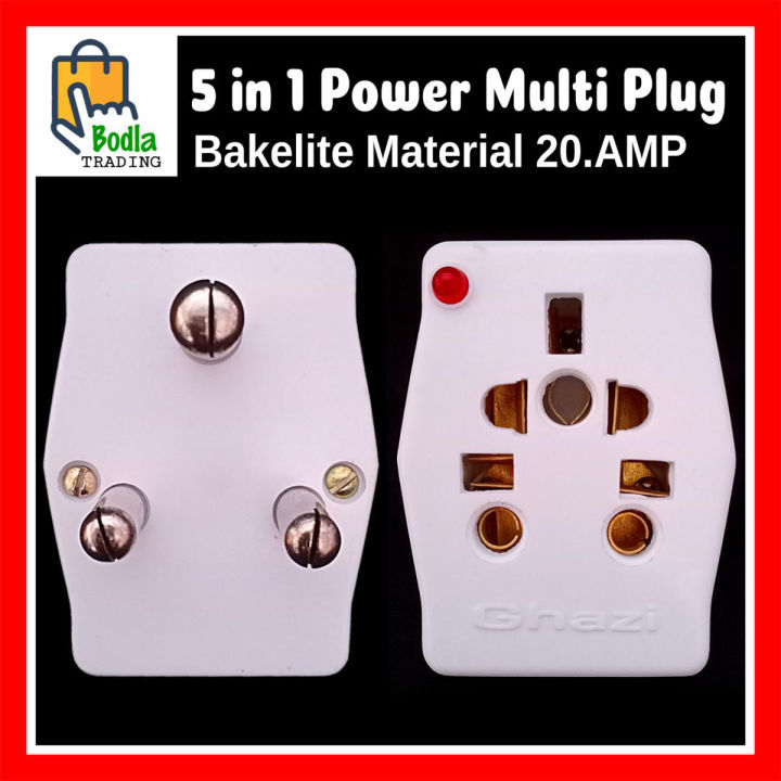 5 in 1 Multi Power 3 Pin Plug Socket, Power Multi Socket Plug Bakelite Material 20 Amp High Quality