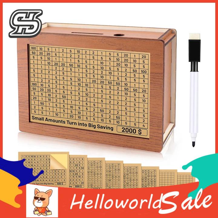 Money Saving Jar Vintage Wooden Money Box with Counter Marker Pen Piggy Bank Coin Cash Container for Money Saving Challenges Decoration Money Management Tool