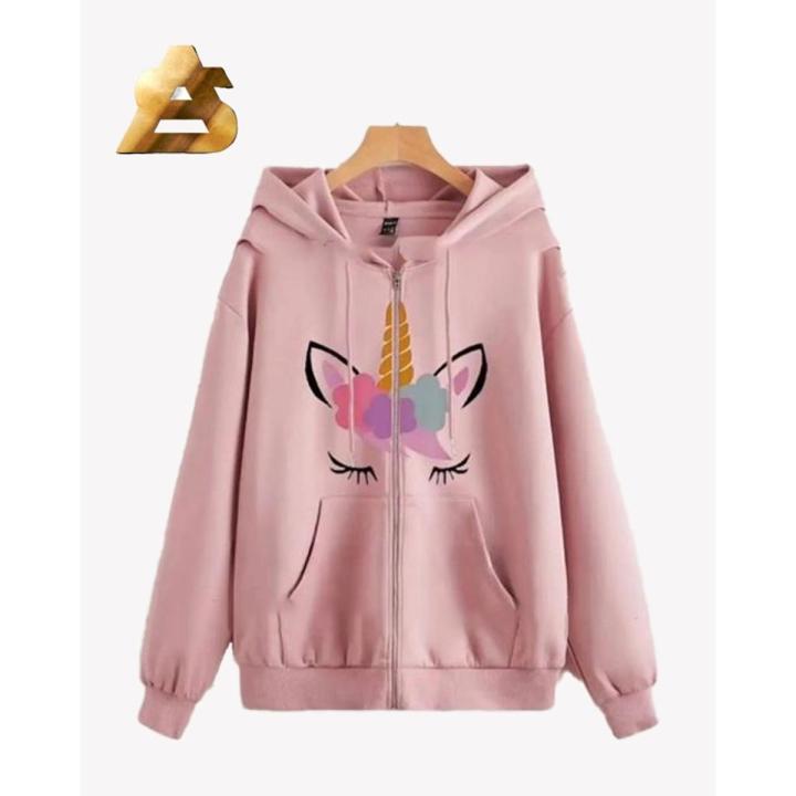 Printed Pink Fleece Pull Over Hoodie For Women And Girls
