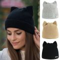 Striped Beanie with Cat Ear Women Contrast Cute Devil Horns Hat Girls Handmade Crochet Winter Warm Ski Cap For Halloween Gift. 