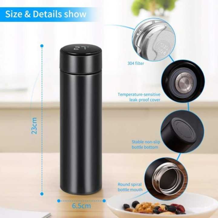 Stainless Steel Thermos Flask Bottle with Liquid Temperature Display | 500 ml | Black