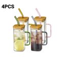 Square Glass Mug 400ml With Lid and Straw Breakfast Milk Cup Microwave Safe Transparent Coffee Mug Drinkware Glass. 