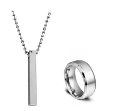 Silver Titanium Finger Ring With Cuboid Rectangle Neck Pendant Chain Necklace For Boys And Men (Pack Of 2)