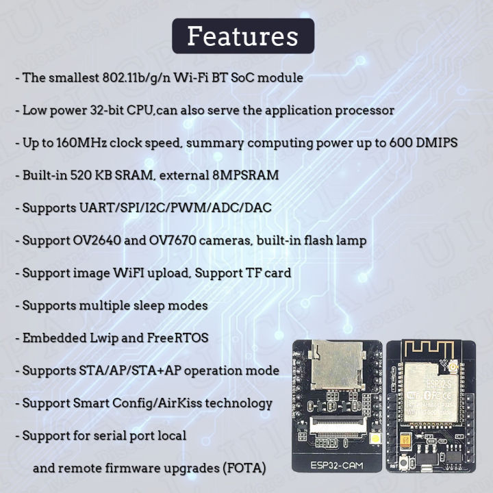 ESP32%20CAM%20with%20OV2640%20Camera%20Module%20Kit%208MB%20PSRAM%202.4G%20WIFI%203dbi%20Antenna%2066%20120%20160%20Degrees%20650nm%20850nm%20Night%20Vision%202MP%2024Pin%20-%20Image%204