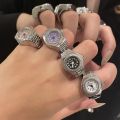 Fashion Jewelry Punk Watch Finger Ring Mini Clock Retro Silver Stretch Stainless Steel Rings for Men. 