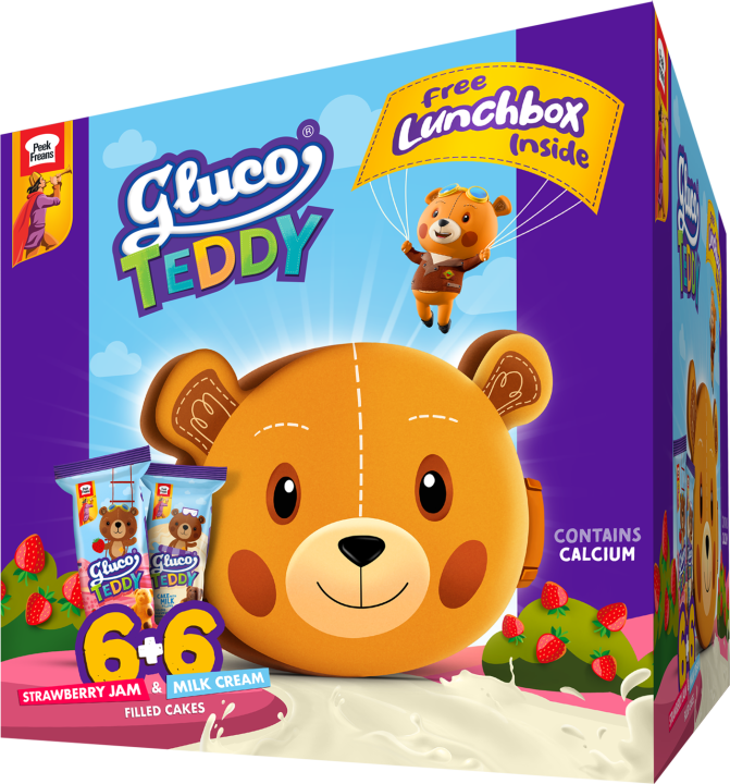 Gluco Teddy 6 Pcs Milk 6 Pcs Strawberry  Free Lucnh Box