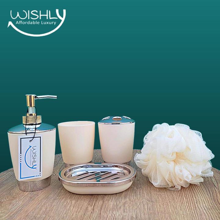 Wishly Plastic Bathroom Accessory 5 Pcs Set Plain Mod Design Soap/Hand wash Dispenser, Bathroom Tumbler, Soap Dish, Toothbrush Holder, Toothbrush Cup & Shower Loofah Ball/Sponge for Countertop Home Decor Housewarming Gift Set.
