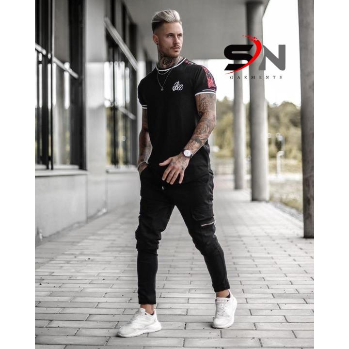 Black Designer Printed Tracksuit For Men Round Neck T Shirt For Mens and Pocket Style Trouser For Mens Summer Printed Tracksuit