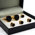 【happy one】Luxury Gold Tuxedo Cufflinks and Studs Set Black Enamel Design Button For Mens Suit French Shirt Business Gift. 