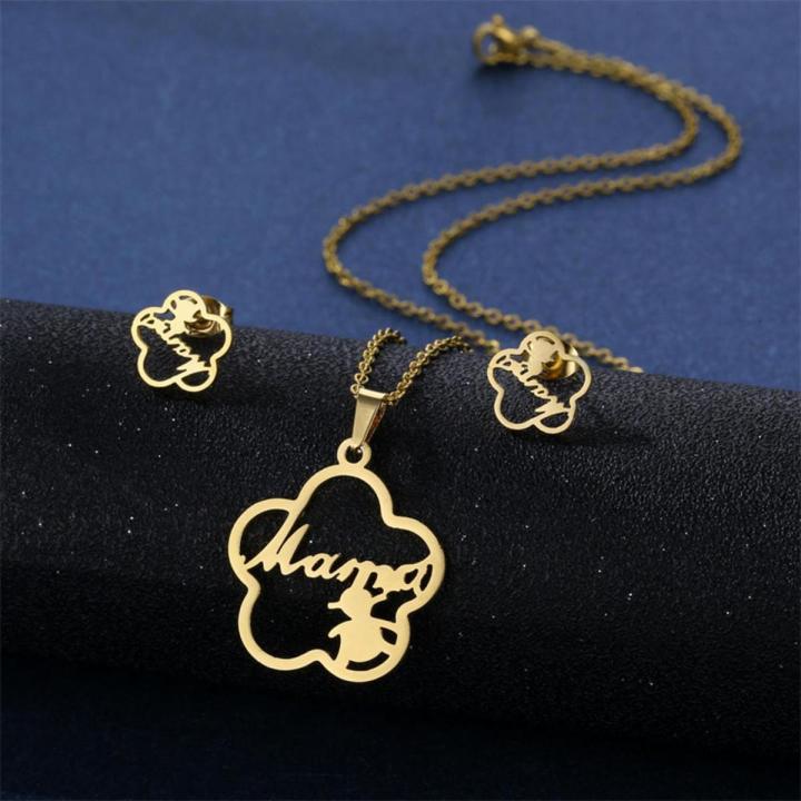 Mother's Day Jewelry Set New MAMA Gift Stainless Steel Necklace Earrings Earrings Set Mother Love Rose Flower Pendant Mother Fashion Personality Mother's Day Thanksgiving Gift