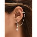Pair of Star Ear Cuffs having long chain in silver color - hanging ear cuff earring - long chain ear cuffs earrings for women - girls - best jewelry gift set - artificial jewelry. 