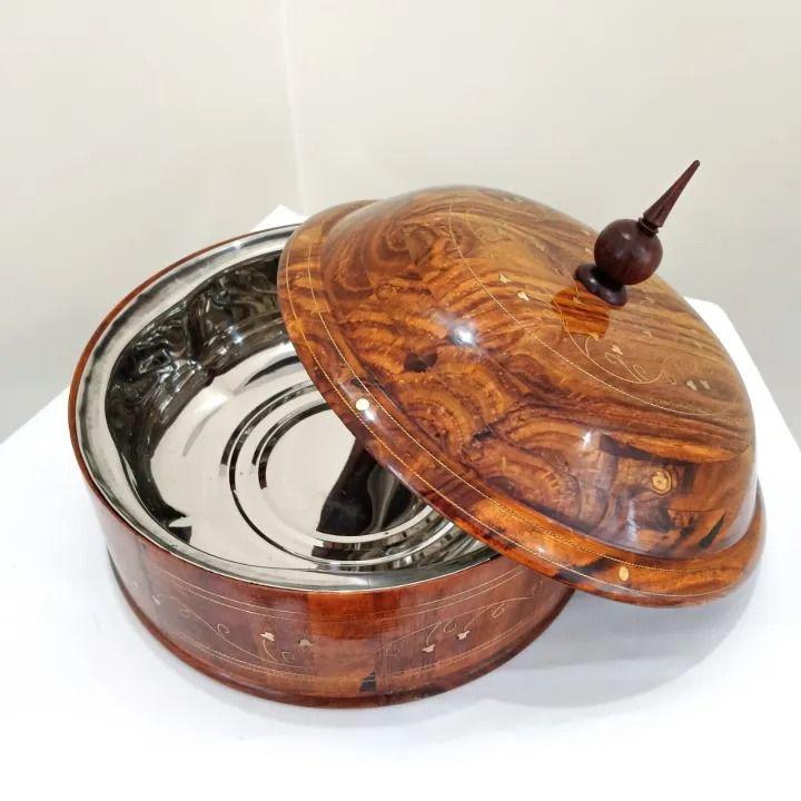 Natural Wooden Hotpot with Steel and Brass work | Premium Handmade Wooden Kitchenware for Dining & Home Decor |  Handcrafted Wooden Hotpot with Traditional Design | Wooden Soup Pot for Kitchen Decor |  Wooden hotpotSet with Brass Work | Hadi Wood Crafts