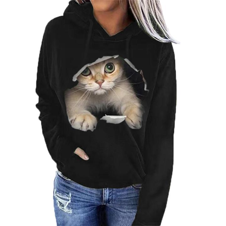 Women Hoodie Animal Pattern Warm Pure Color Sweatshirt