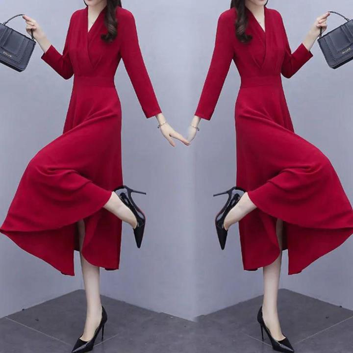 Women V neck Dress Trendy Fit Long Sleeves A line Skirt Elegant Solid Mid length Dress Daraz.pk