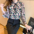 Yfashion Women Floral Printing Shirt Chiffon Long Sleeves Tops Bowknot Stand Collar Ruffle Blouse color. 