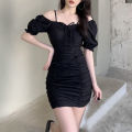 Ladies Mini Skirt, Girls Summer Temperament Solid Color Puff Sleeve Drawstring Ruched Short Dress. 