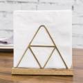 Metal and Wooden Paper Napkin Holder for Table With Gold Black Plated Wire Triangle Design & Solid Mango Wood Base, Customized by ZMT Traders. 