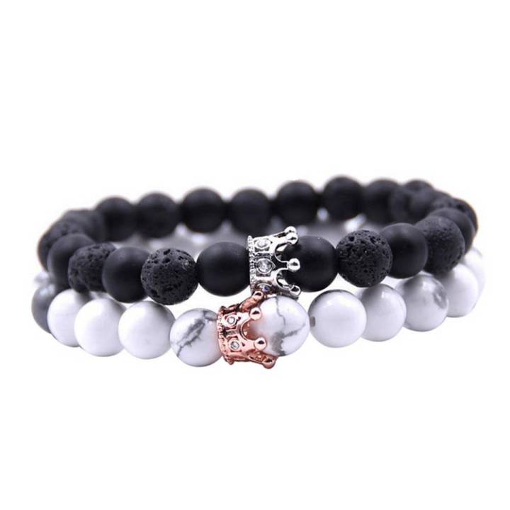 2Pcs Couples Men Women Alloy Crown Natural Stone Beads Bracelets Jewelry Gift