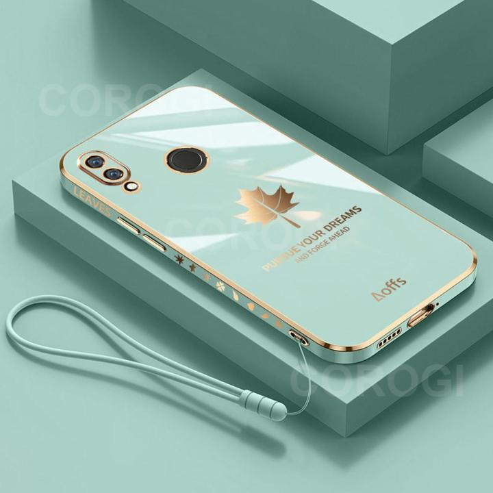 For Huawei Y9 2019 Back Cover with Lanyard Luxury Shiny Plating Maple Leaf Camera Lens Protection Square Edge Bumper Soft Silicone Protective Phone Case