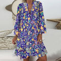 Mini Dress Cactus Print Ruffled Women V Neck Long Sleeve Buttons Dress for Beach. 