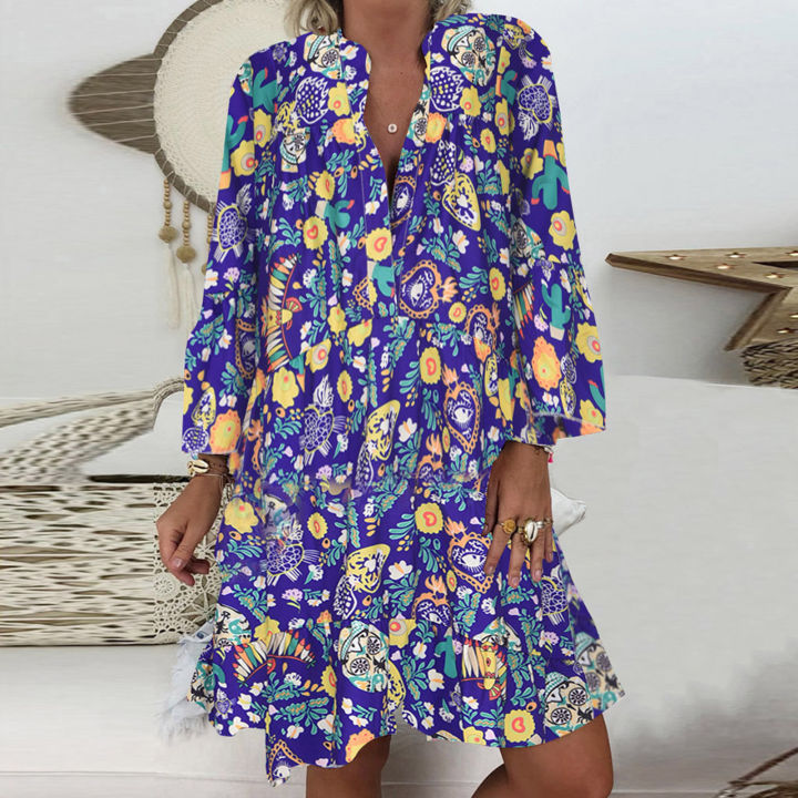 Mini Dress Cactus Print Ruffled Women V Neck Long Sleeve Buttons Dress for Beach