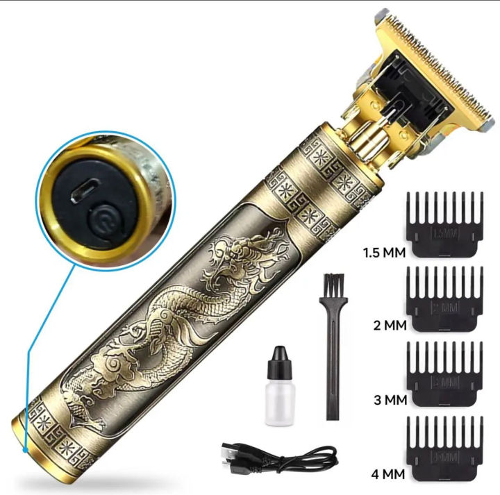 The Professional Dragon Style Vintage T9 Hair Trimmer for Men offers a precise and stylish grooming experience. This professional hair clipper features an adjustable blade, functioning as a hair trimmer and shaver.