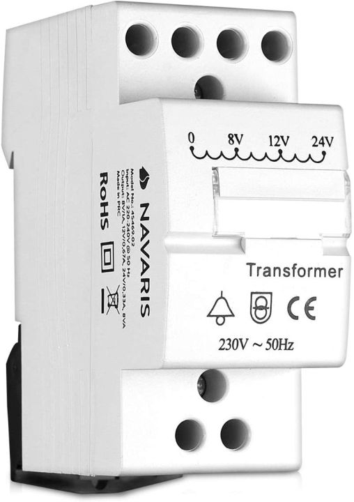 Navaris (45469.02) Door Bell Transformer 8V 12V 24V - for Wired Doorbell Chimes - DIN Rail Mountable 8VA 230V Mains Converter 8/12/24 Volts Output (Electrical Parts) - White