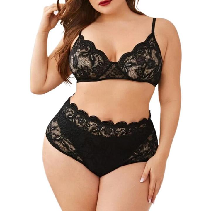 Plus Size Lace Lingerie Set y Women's Underwear Transparent Bra Panties Sets Black Lingerie Bra Set Underwear  Set D30