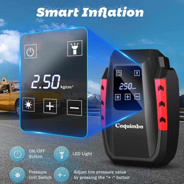 Digital Tyre Inflator Pump, Coquimbo 12V DC 150PSI Portable Air Compressor for Car Tyre with 35L/Min Air Flow, 3 Nozzle Adaptors, Bright LED Light and HD LED Display with Storage Bag