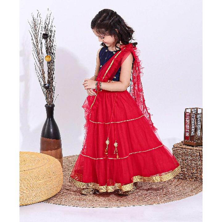 Sleeveless Choli Lehenga with Tassels Ruffled Dupatta Set with Golden Border Red Fabric Chamki And Net Size 1 Yrs To 12 Yrs