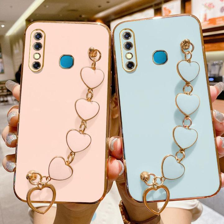 Maitus for Infinix Hot 8 Back Cover Luxury 6D Plating Shiny Bling Cases with Love Heart Bracelet Soft Silicone Square Bumper Mobile Phone Case for Boy Girls